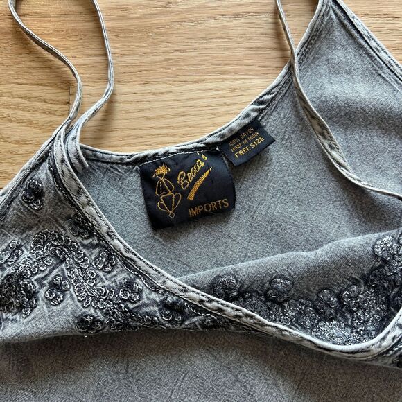 vtg 90s drop‎ waist embroidered ruffle boho dress distressed grey rayon medium - Picture 5 of 8